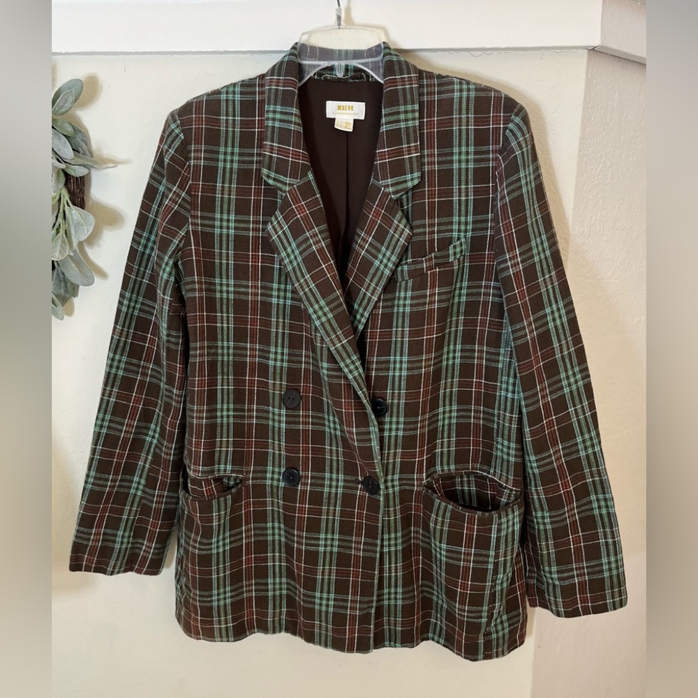 Maeve by Anthropologie Plaid Blazer Size 12 Brown Green Pockets Cotton Blend